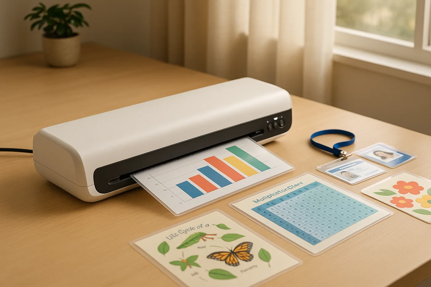 Modern thermal laminator on a desk with laminated documents, ID cards, classroom materials, and craft sheets