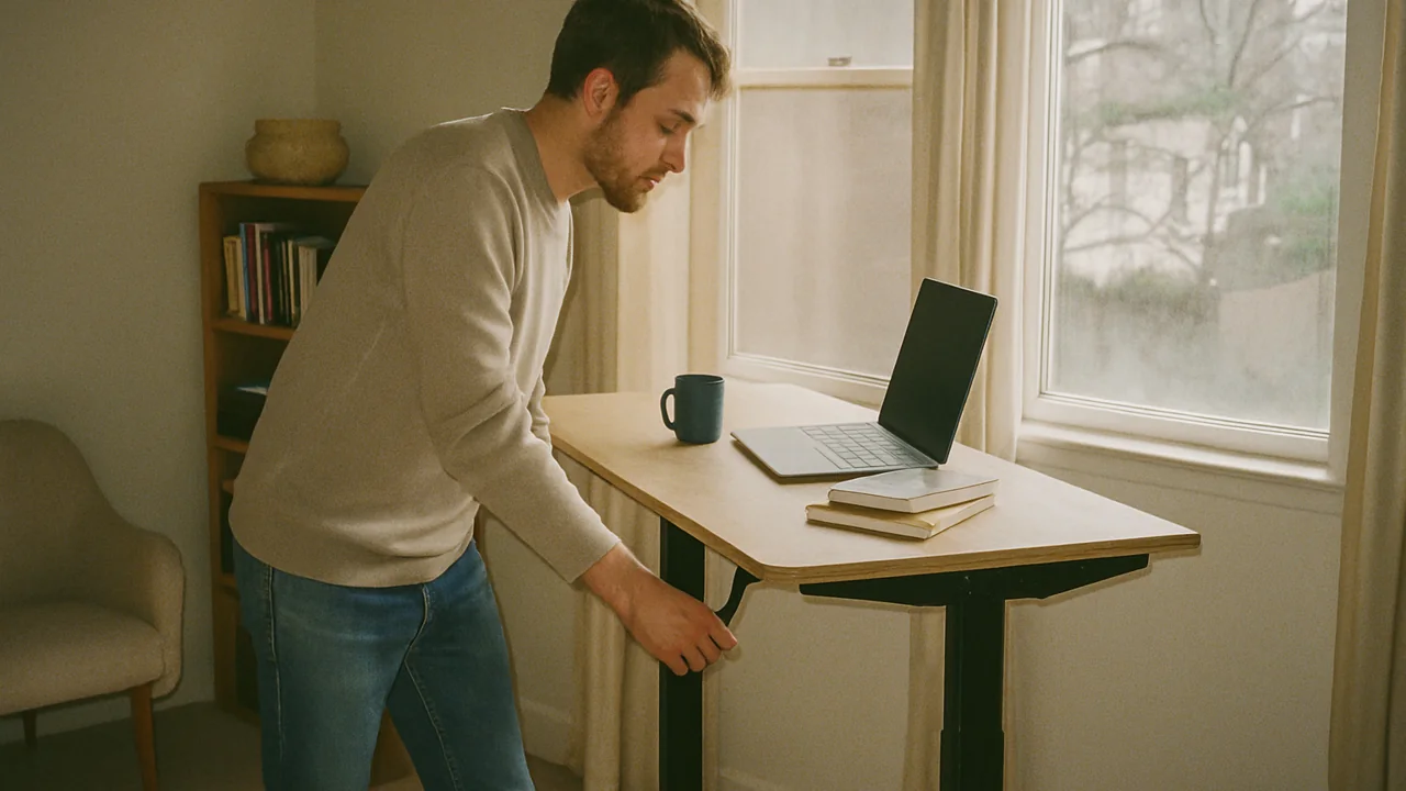 Person adjusting a standing desk in a home office