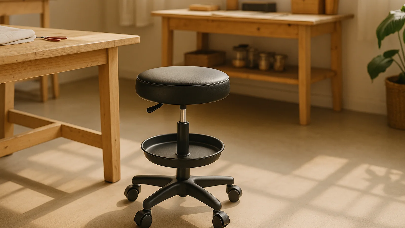 Rolling stool in a practical home workshop and craft space